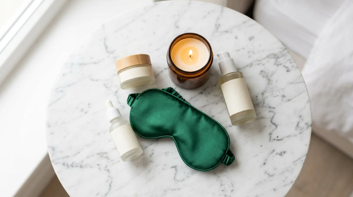 Sélection de produits de soin haut de gamme disposés pour une routine bien-être