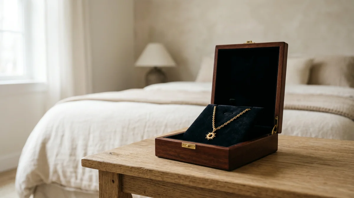 Bijou de créateur délicat présenté dans son écrin cadeau