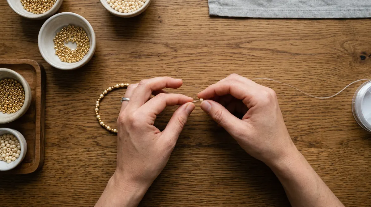 Enfilage manuel de perles sur un fil élastique transparent – bracelet DIY perles facile