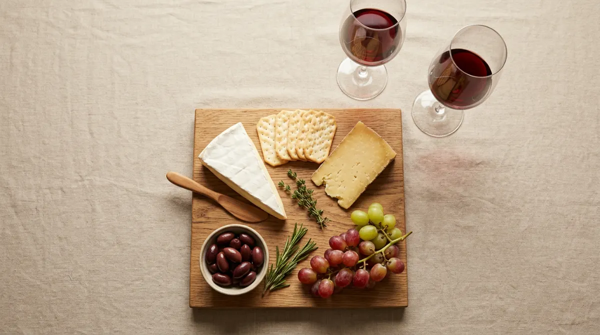 Plateau de fromages et verres de vin pour tester des accords simples – choisir un bon vin pour débutant