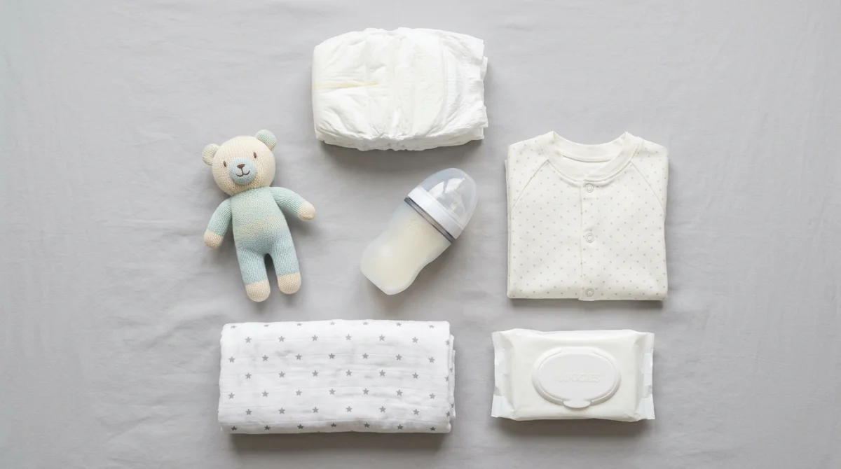 Vue de dessus des indispensables à glisser dans son sac pour bébé – comment choisir son sac à langer