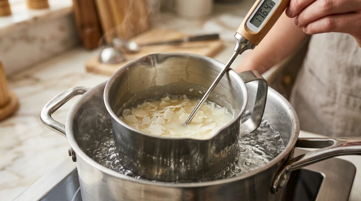 Surveillance de la température de fusion de la cire au bain-marie – fabriquer une bougie parfumée maison