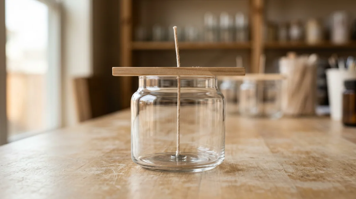 Installation de la mèche avec un support de maintien – fabriquer une bougie parfumée maison