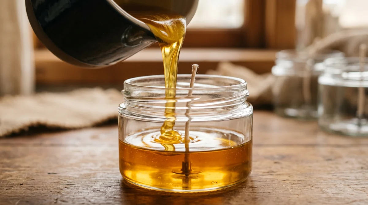 Coulée progressive de la cire parfumée dans le pot – fabriquer une bougie parfumée maison
