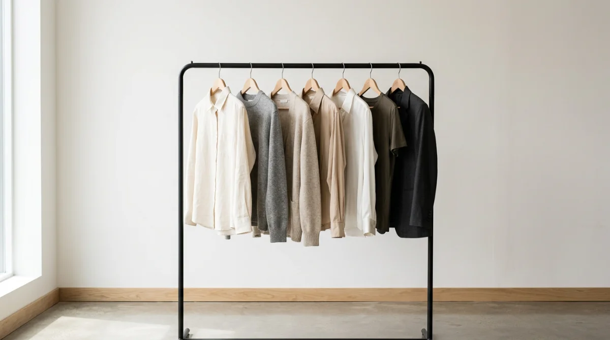 Portant à vêtements minimaliste aux tons neutres – décision fatigue vestimentaire
