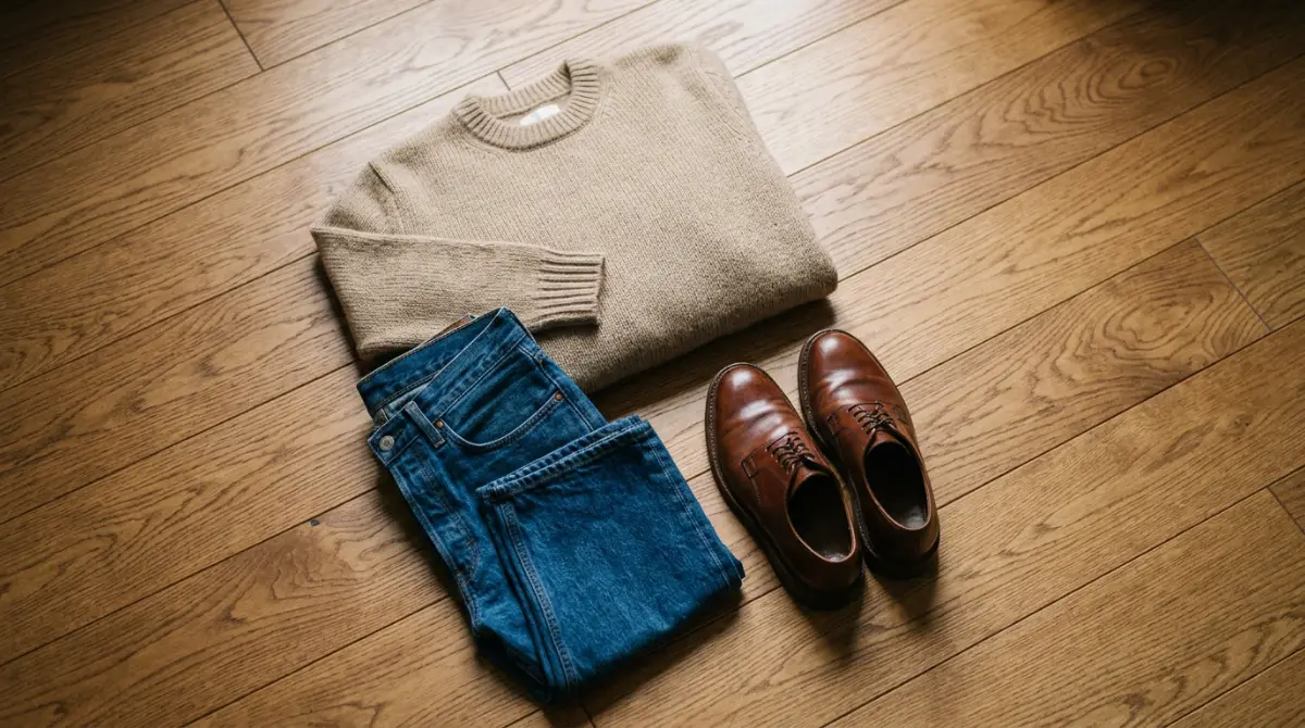 Mise en scène d'une tenue capsule harmonieuse sur un parquet – décision fatigue vestimentaire