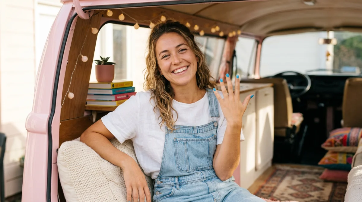 Cliente satisfaite montrant sa manucure à l'intérieur du truck – Gloss'Up nail truck