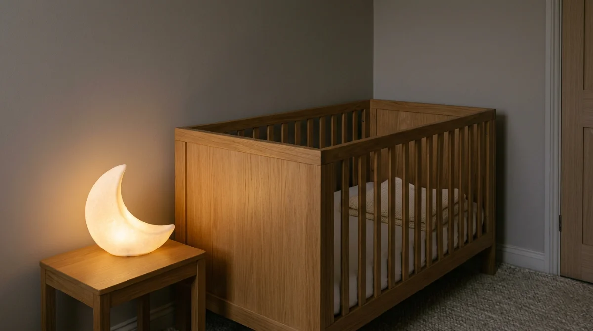 Un coin nuit serein avec une veilleuse poétique près du berceau – idées cadeau de naissance original