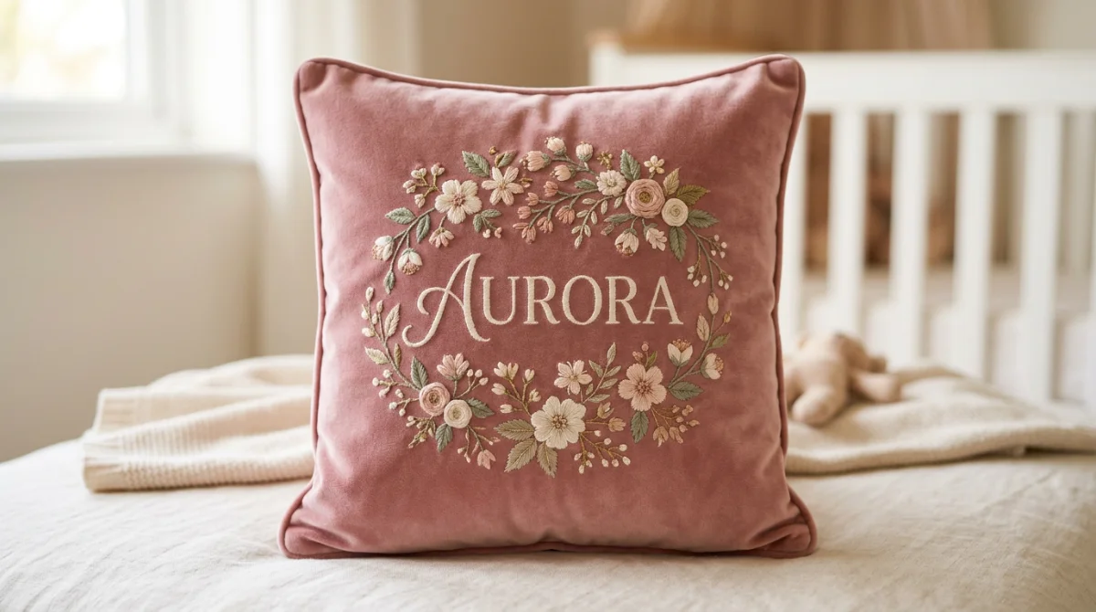 Un coussin en velours personnalisé avec le prénom de l'enfant brodé – idées cadeau de naissance original