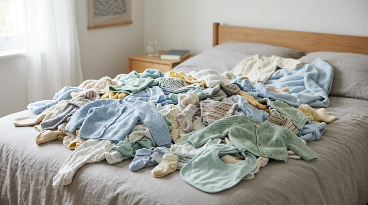 Un surplus de vêtements pour bébé illustrant l'importance de bien choisir la taille – idées cadeau de naissance original