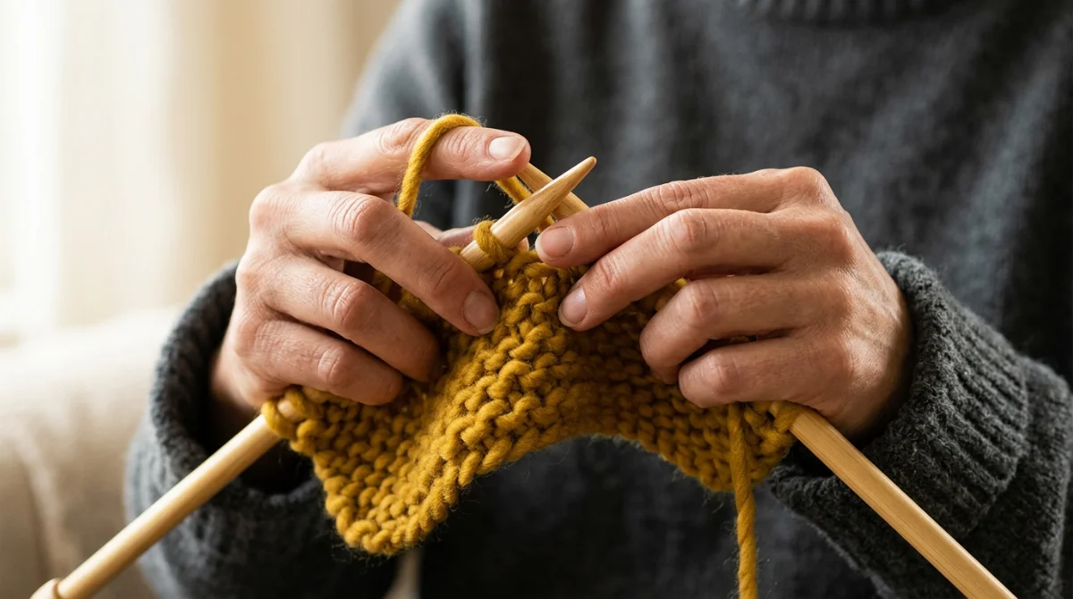 Zoom sur des mains tricotant une laine épaisse jaune moutarde – loisirs créatifs adultes maison