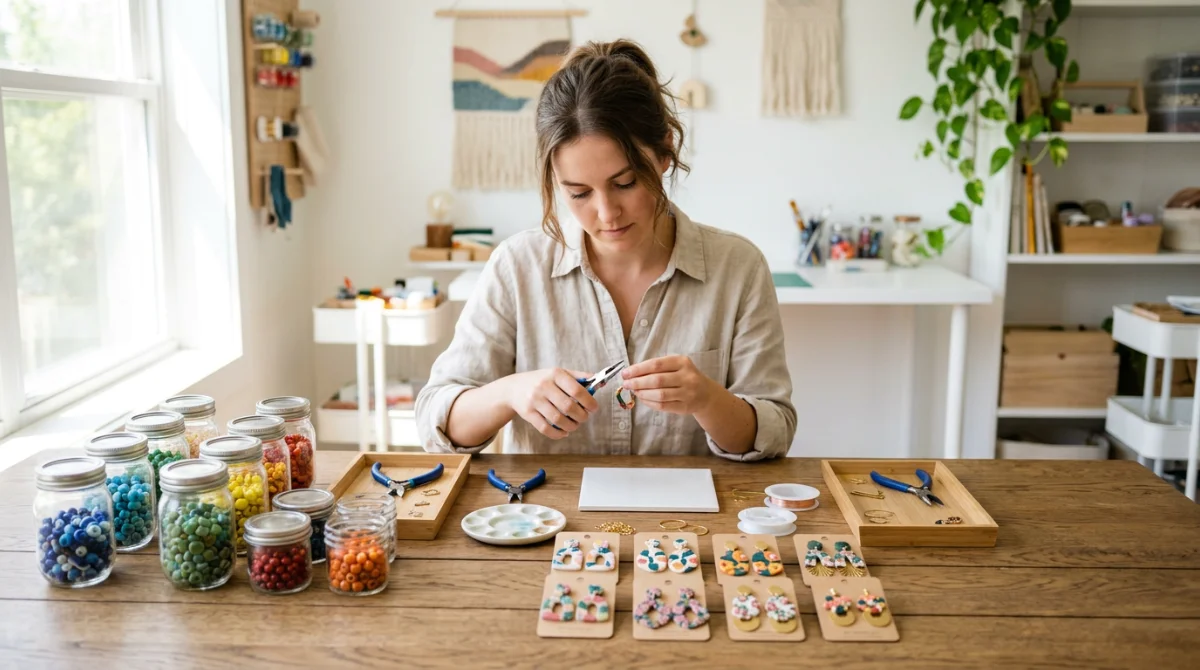 Table de création de bijoux avec perles colorées et pinces de précision – loisirs créatifs adultes maison