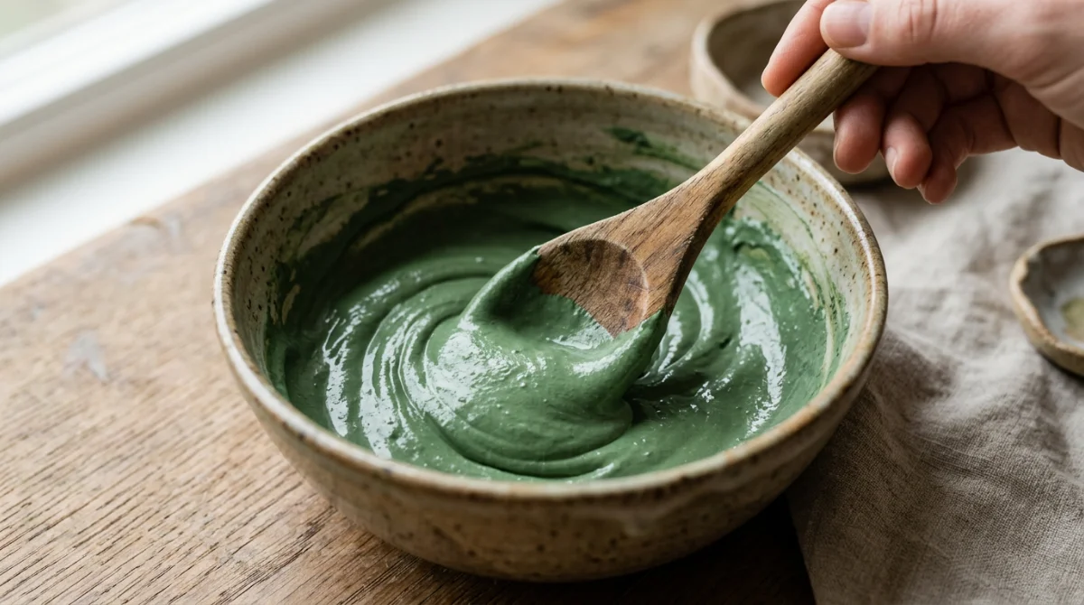 Mélange de l'argile verte pour obtenir une texture onctueuse – masque maison purifiant