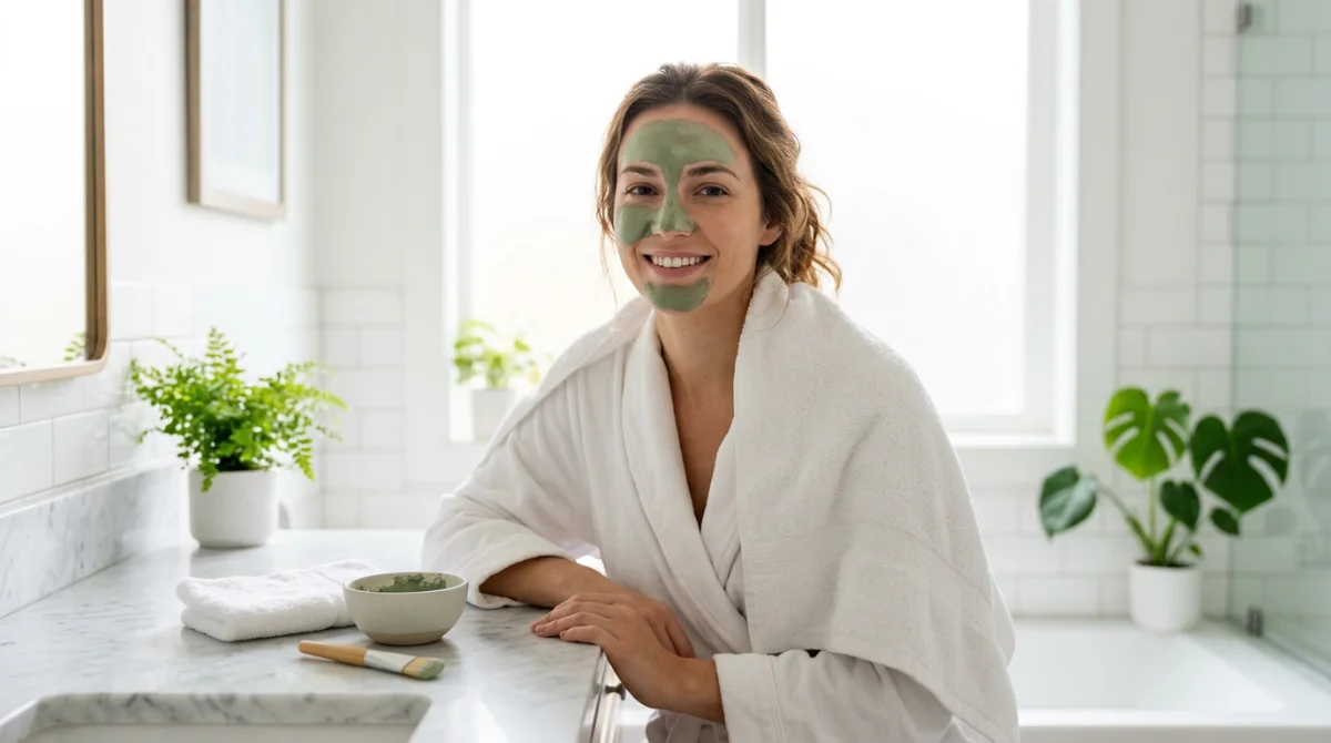 Application du masque à l'argile verte sur la zone T du visage – masque maison purifiant