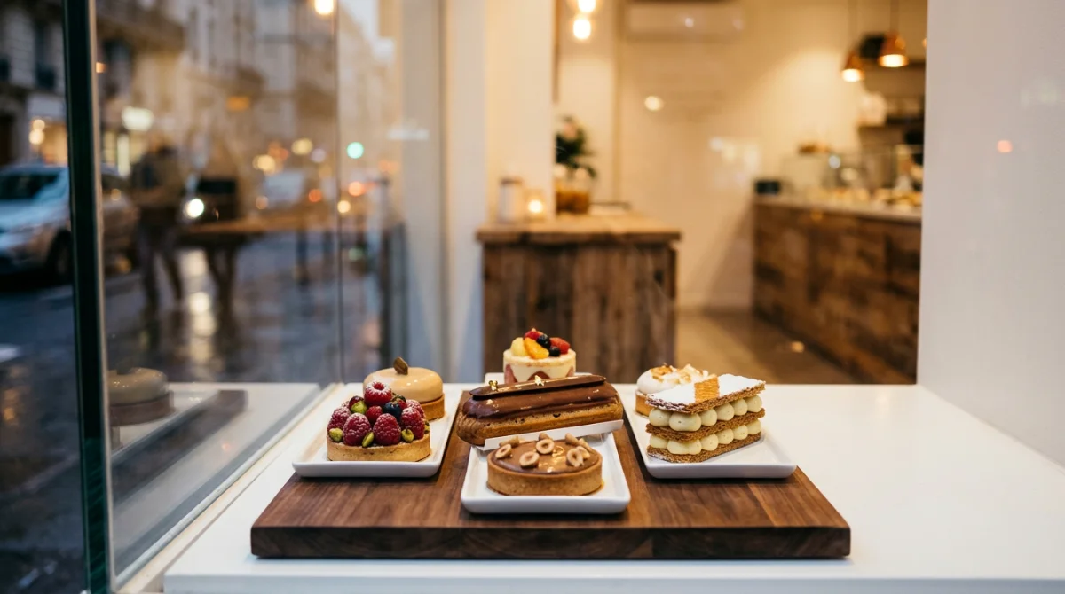 Vitrine d'une pâtisserie haut de gamme avec assortiment de créations minimalistes – meilleures pâtisseries à offrir à Paris