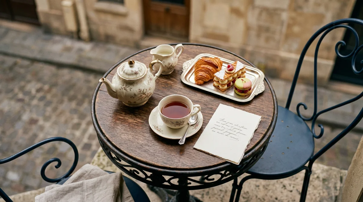 Table de thé à la parisienne avec pâtisseries fines et carte de vœux – meilleures pâtisseries à offrir à Paris