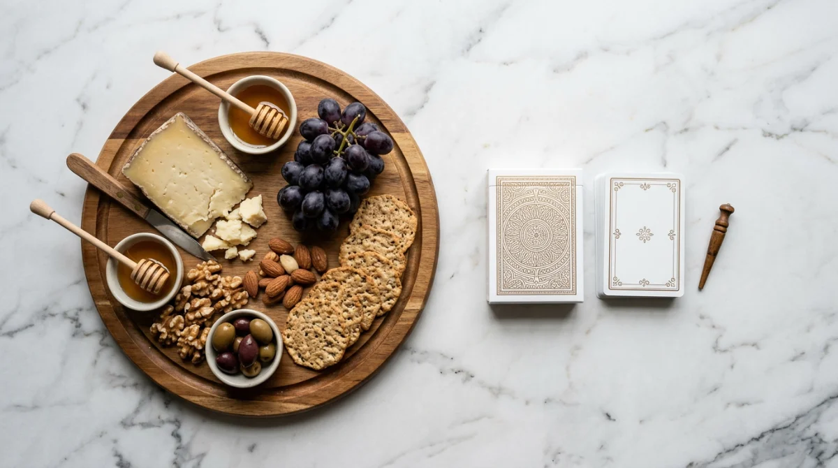 Plateau d'apéritif dinatoire avec biscuits et fromage à côté d'un jeu de cartes – Soirée jeux réussie