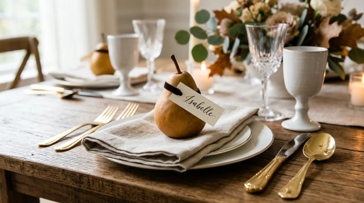 Détail d'un marque-place personnalisé avec une poire et un carton écrit à la main – tablescaping