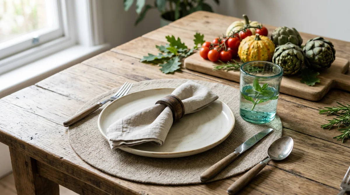 Table éco-responsable décorée avec du verre recyclé et des légumes de saison – tablescaping