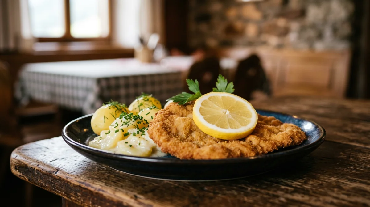 Un authentique Wiener Schnitzel autrichien servi avec sa salade de pommes de terre – visiter Vienne en 3 jours