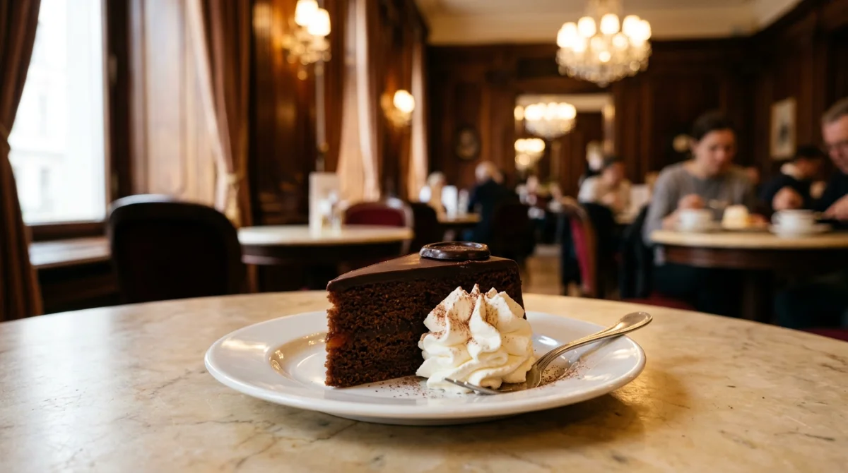 Une part de Sachertorte servie dans un café traditionnel viennois avec sa crème fouettée – visiter Vienne en 3 jours